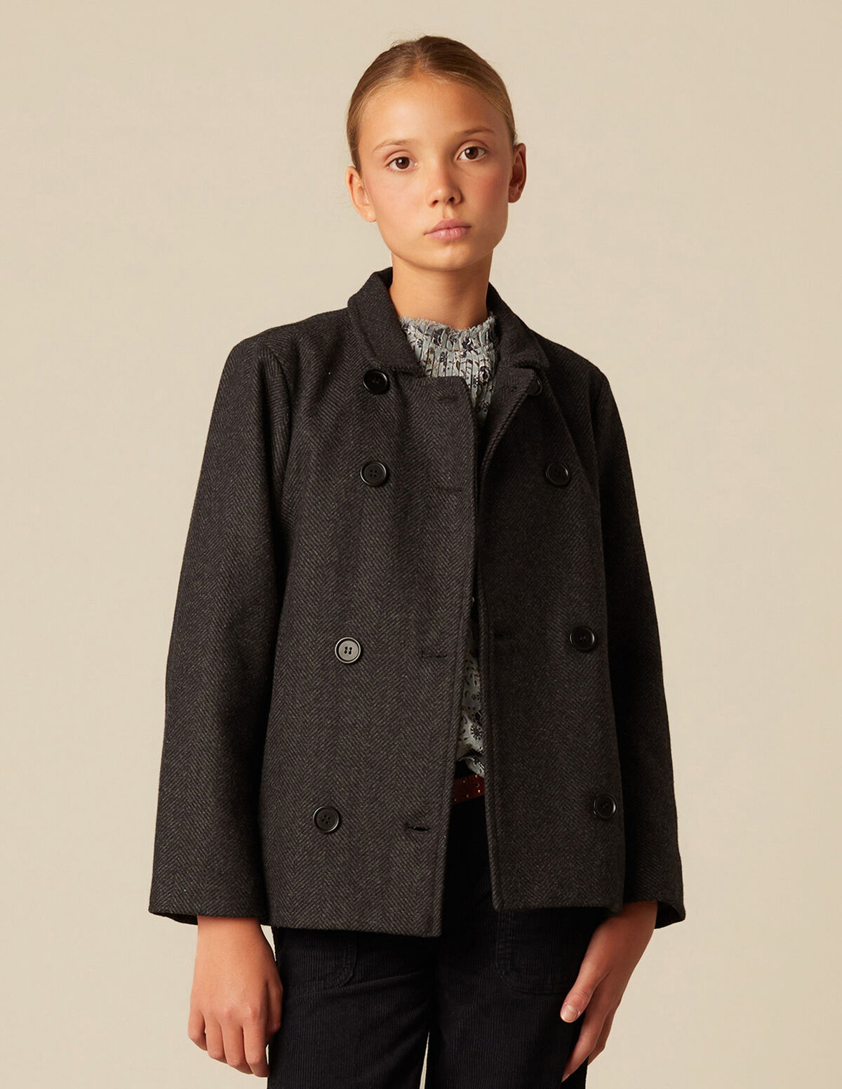 GREY HERRINGBONE CROSSOVER COAT