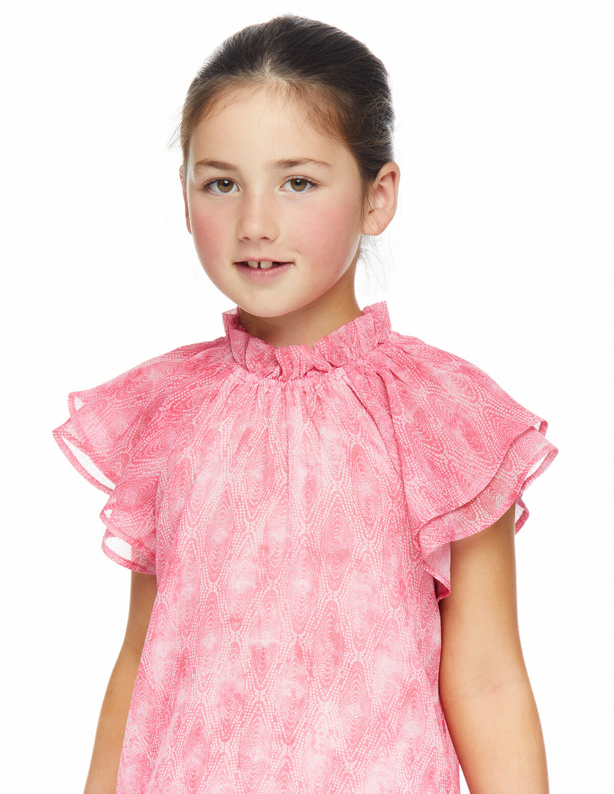 Vestido gasa manga volante print disco rosa
