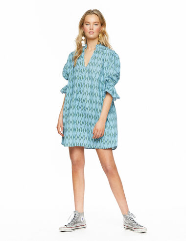 Blue geometric print lantern sleeve dress - View all > - Nícoli