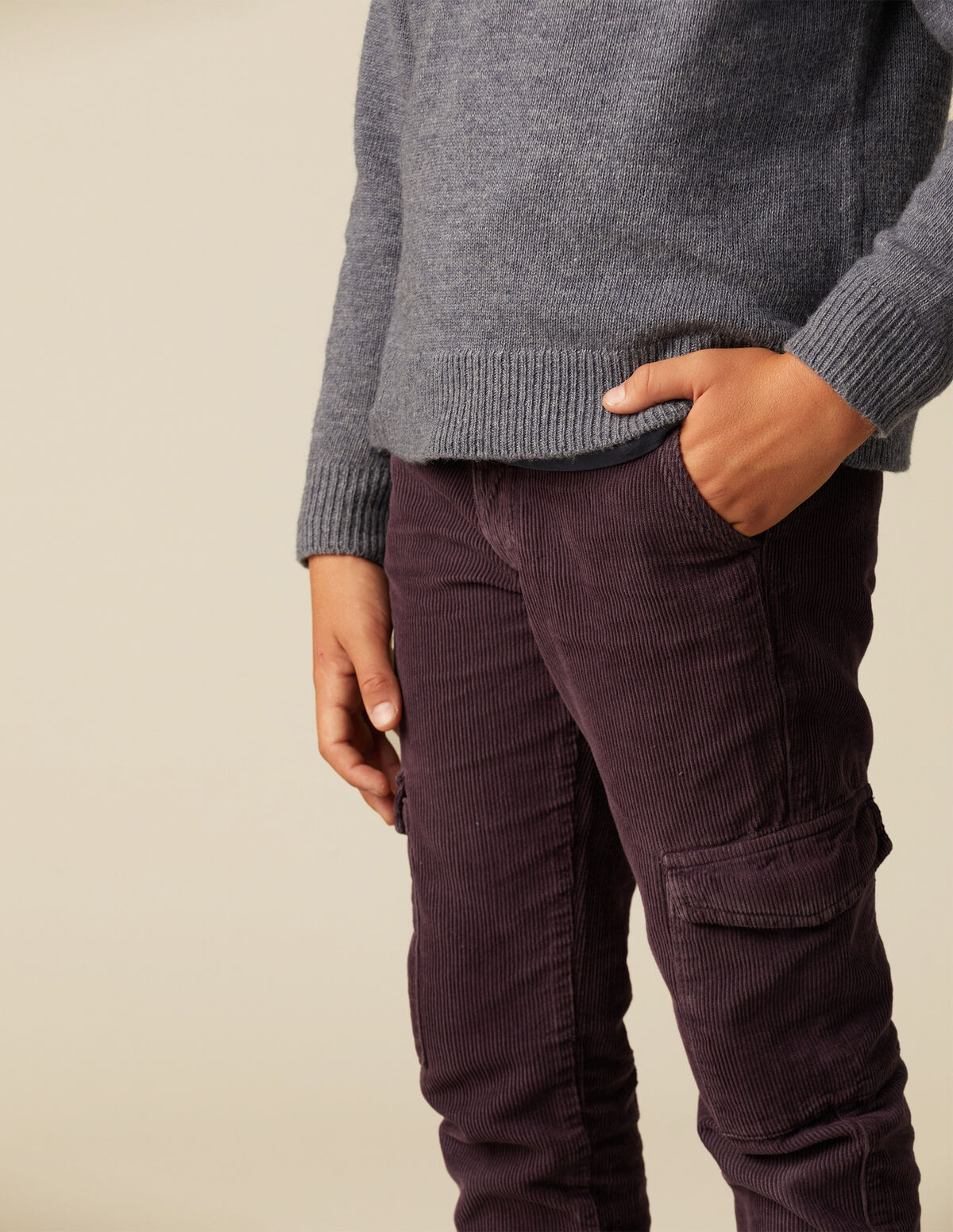 BOYS LONG BLUE CORDUROY CARGO TROUSERS