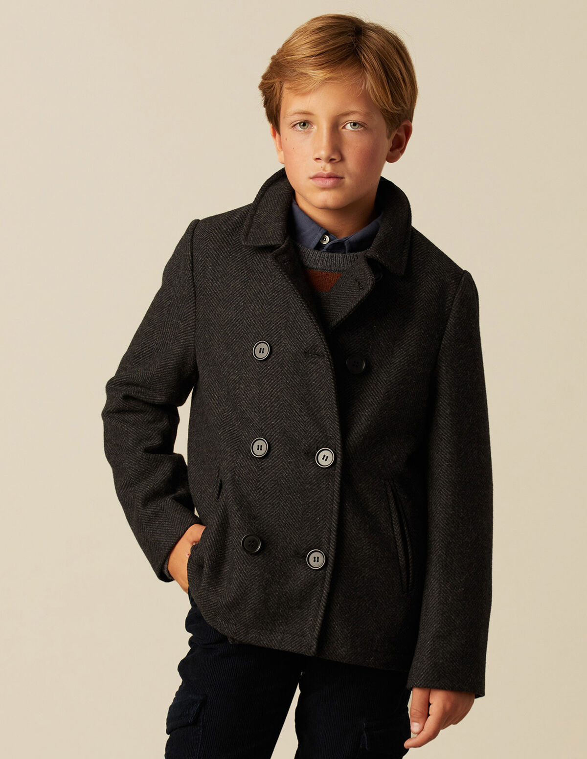 GREY HERRINGBONE CROSSOVER COAT