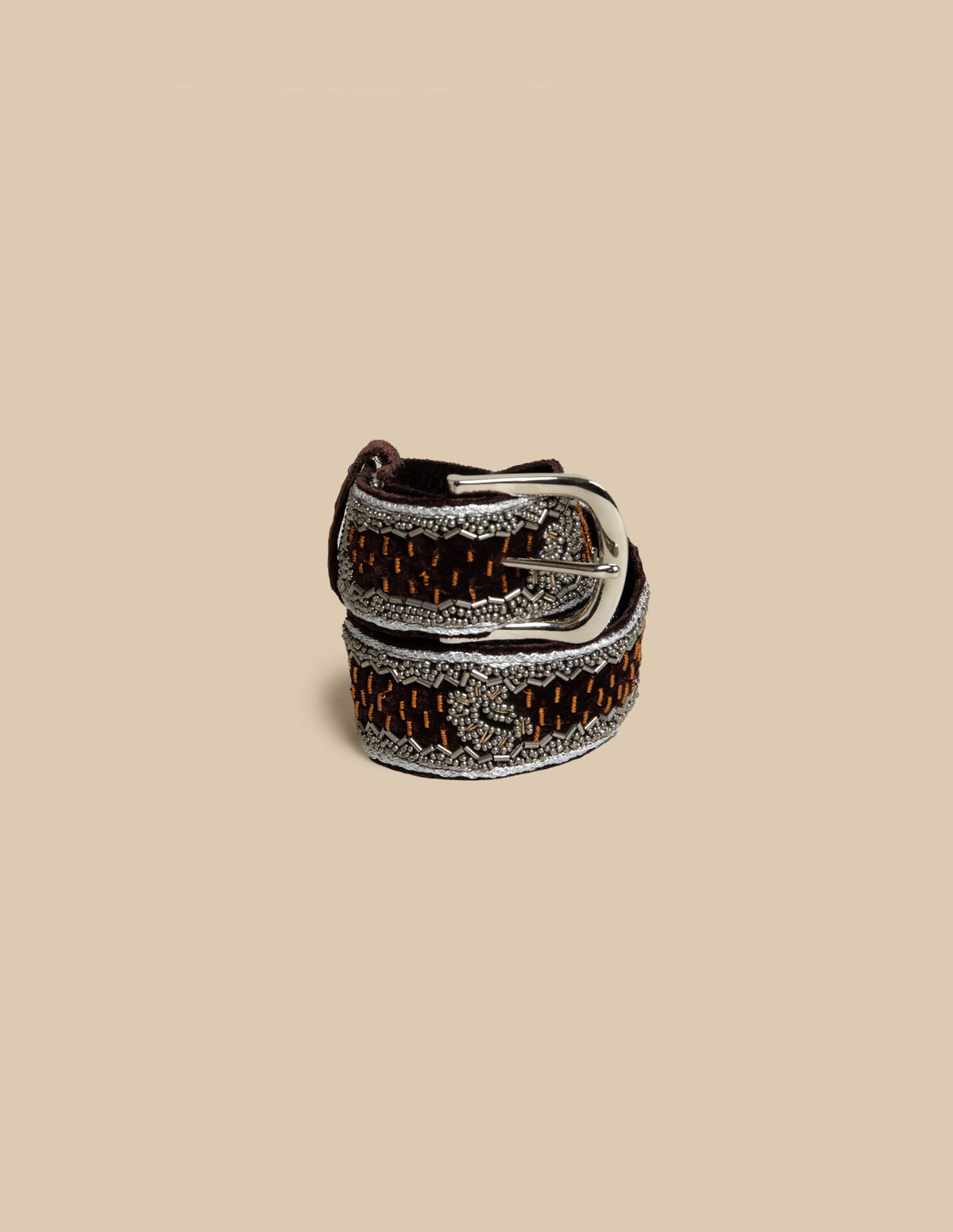 BROWN BEADED VELVET BELT