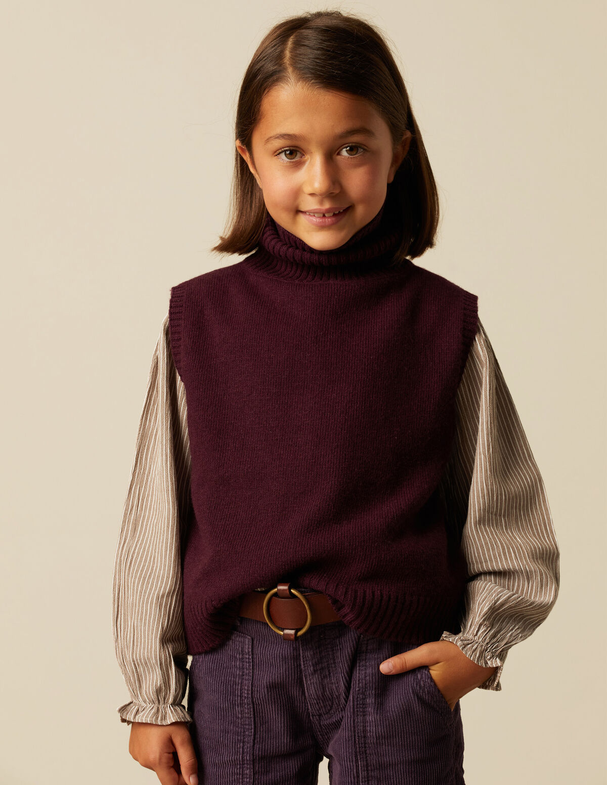 GIRLS DARK BROWN TURTLENECK VEST 